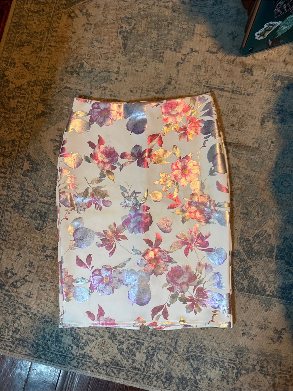 White Floral Metallic Pencil Skirt with Pink Accents
